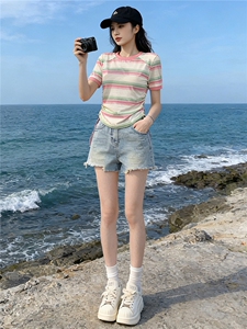 女夏季新款韩版运动休闲套装修身显瘦圆领条纹短袖牛仔短裤两件套图片