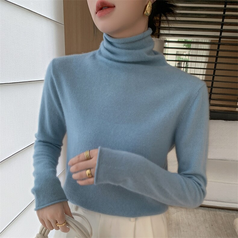 2024新款一线成衣卷边高领打底衫女秋季宽松显瘦堆堆领毛衣针织衫,女装羊绒衫,纳丰羊绒
