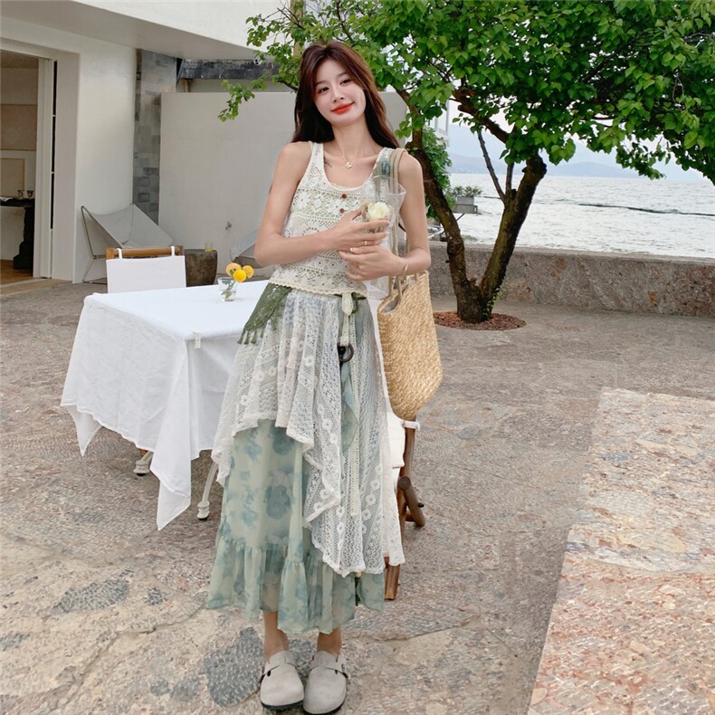 夏日绝美套装女2025新款镂空钩花背心吊带衫蕾丝拼接半身裙三件套,女装套装/套裙,2C133