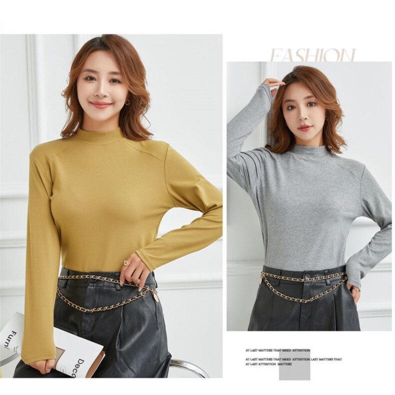 2024年秋冬季休闲风拼接打底衫半高领纯色长袖T恤百搭显瘦上衣女，女装T恤，君汇