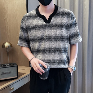 夏打底衫纯色针织条纹圆领T恤短袖社会小伙A236-82567-特P40图片