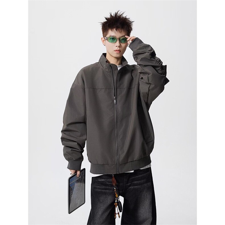 抖音得物美式潮休闲夹克春季立领纯色复古工装加厚棉服外套AMY01,男装夹克,电商A443