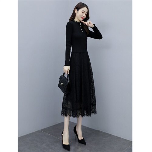 2023秋季新款半高领配花边四颗扣针织线衣蕾丝长款打底连衣裙，女装连衣裙，安之芮娜
