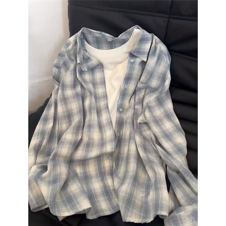 格子衬衫女季新款宽松慵懒风长袖衬衣外套休闲上衣ACS259，男装衬衫，星座208-5