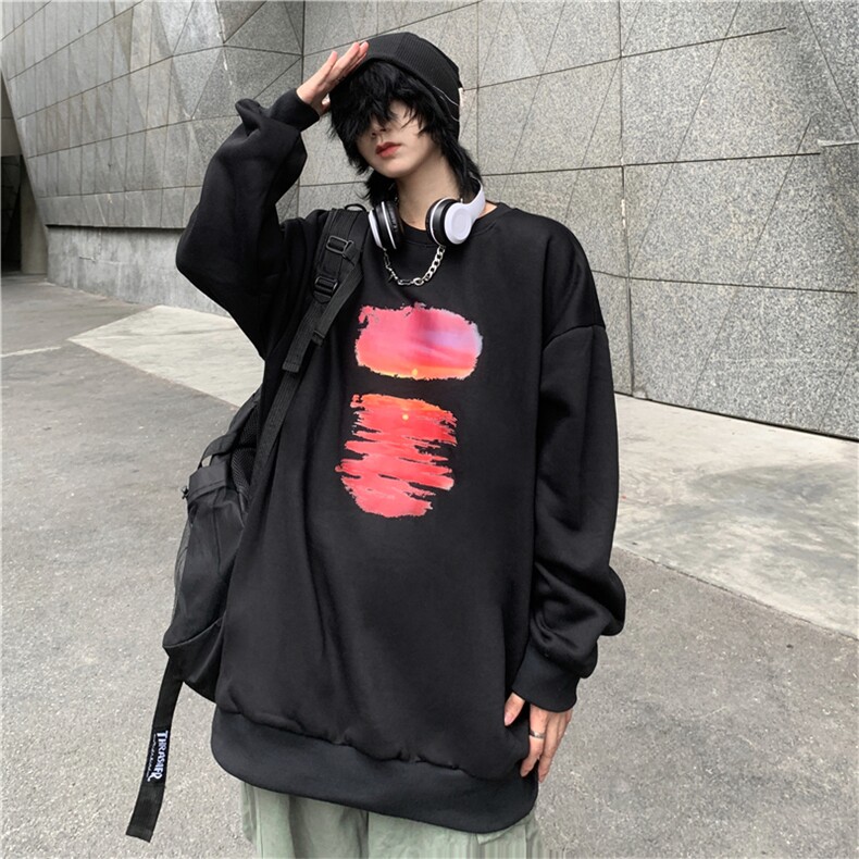 韩版ins港风美式夕阳晚霞印花宽松圆领百搭加绒卫衣E688-P50,男装卫衣,星座911-2(原星座613-2）