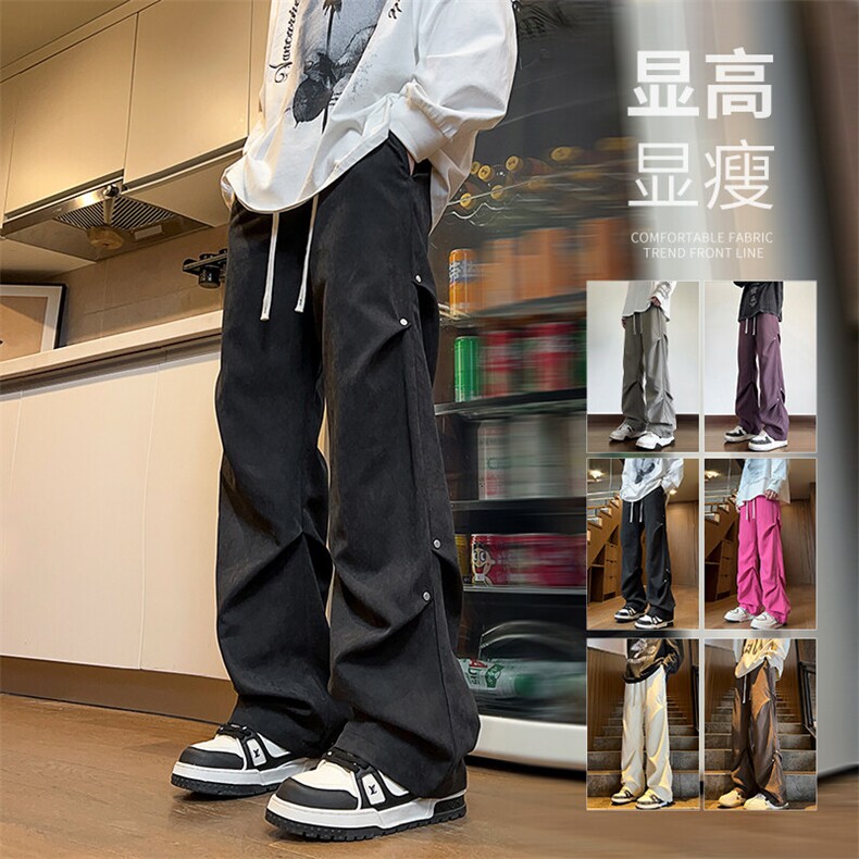 秋季桃皮绒裤子 Q2485-TP2539 雪花绒打褶休闲设计感直筒裤男图片