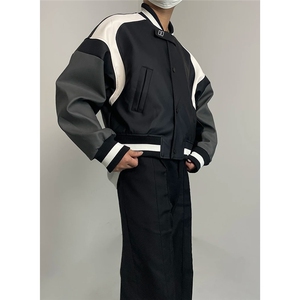 美式复古PU皮拼接短款机车夹克男cleanfit解构设计感棒球服外套潮图片
