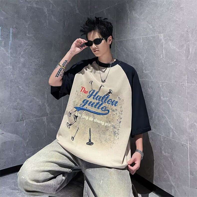 2025新款短袖T恤印花插肩圆领上衣体恤五分袖街头现货T1871-P34，男装T恤，星座512-3