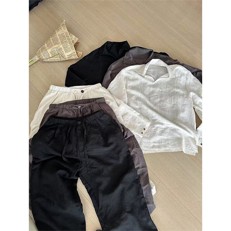 天丝亚麻长袖V领衬衫宽松直筒裤套装TZ087-P100上衣P50裤子P50,男装衬衫,星座1004-3