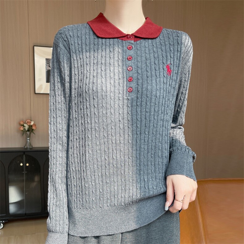 精纺6羊毛Polo领绞花刺绣针织衫，女装针织衫/毛衣，九嘉羊绒