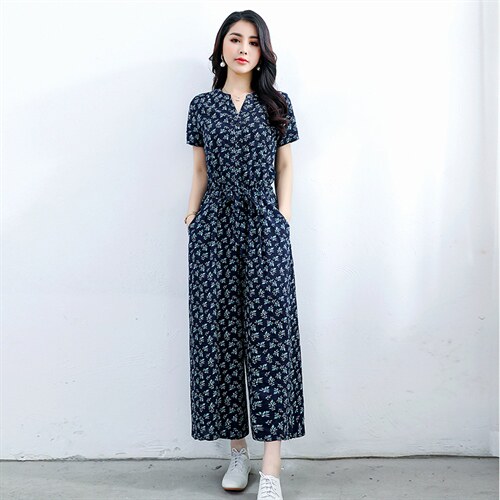 连体裤女夏2024新款韩版宽松收腰显瘦休闲棉麻碎花阔腿连衣裤图片