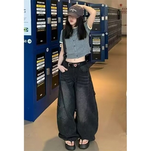 秋冬美式复古水洗弯刀设计牛仔裤宽松阔腿男女长裤子 N2045图片