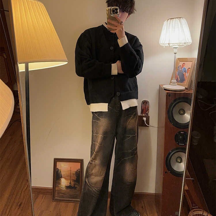 濮院毛衣假两件钮扣针织衫毛衣开衫外套男女情侣潮流百搭LF491P85,男装针织衫/毛衣,电商D256-2(原A064-2)