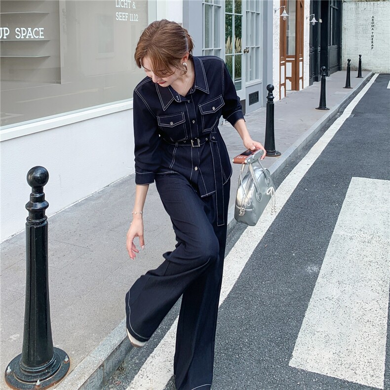 （新款现货）2026春装时尚天丝牛仔阔腿裤套装两件套（配腰带），女装套装/套裙，印象茜