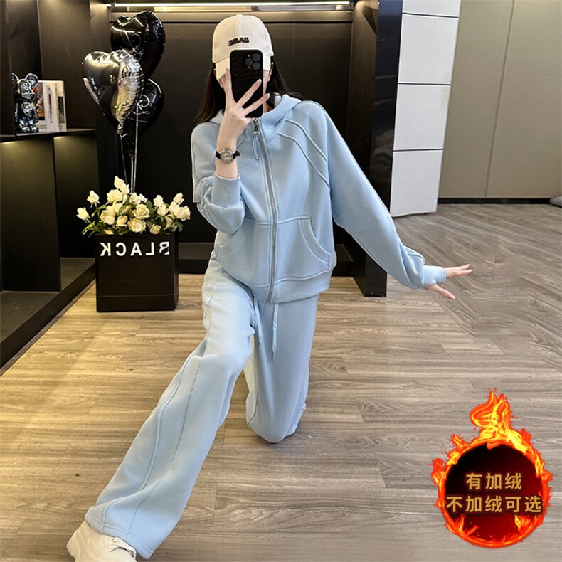 时尚休闲运动套装女春新款洋气减龄气质拉链连帽卫衣直筒裤两件套,女装套装/套裙,江南