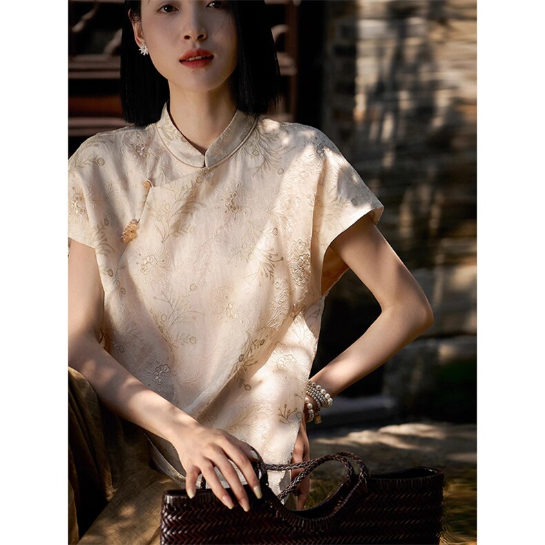 花上千枝·重工刺绣新中式立领真丝小上衣女新款,女装衬衫,梦白服饰厂