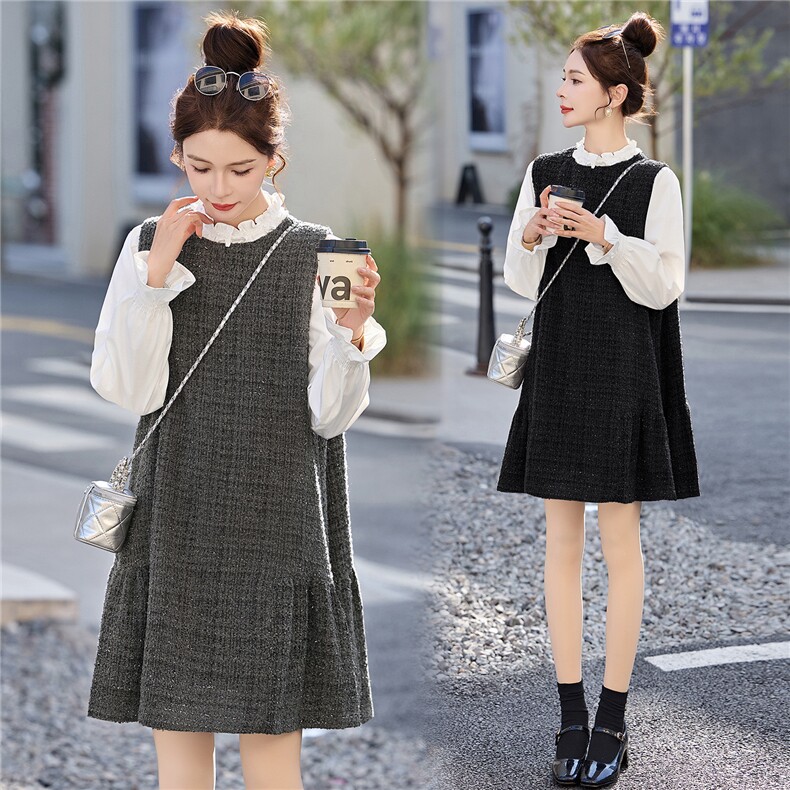 2026年春季新款公主小香风亮丝背心裙配喇叭袖木耳领衬衫两件套，女装套装/套裙，朵莱米