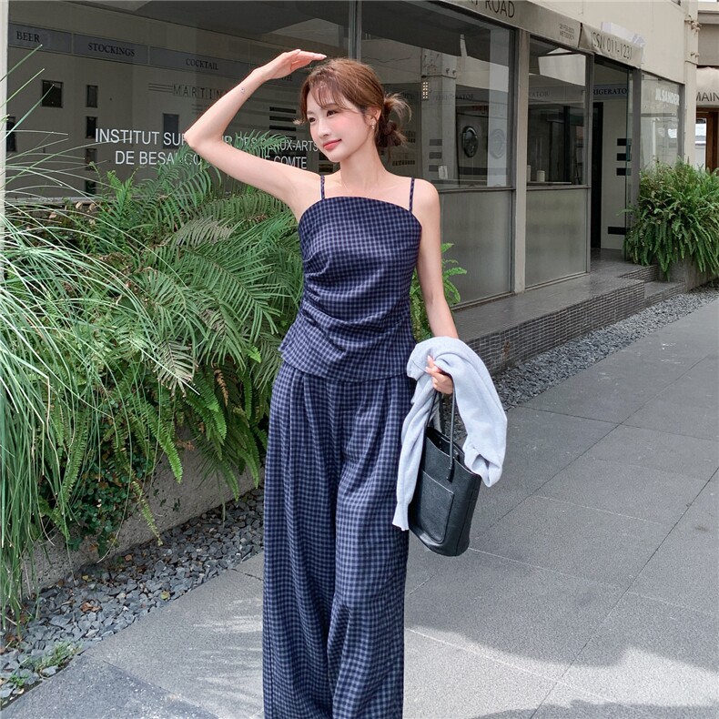 洋气时髦设计感复古格纹套装女2026春夏新款开衫吊带阔腿裤三件套,女装套装/套裙,艾米莉亚