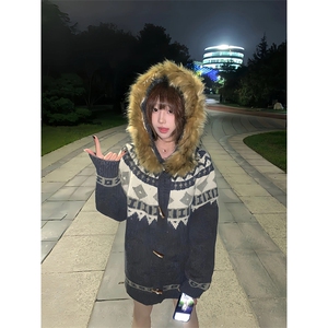 重磅北极绒座山雕大毛毛领毛衣外套冬美式复古休闲慵懒风针织开衫