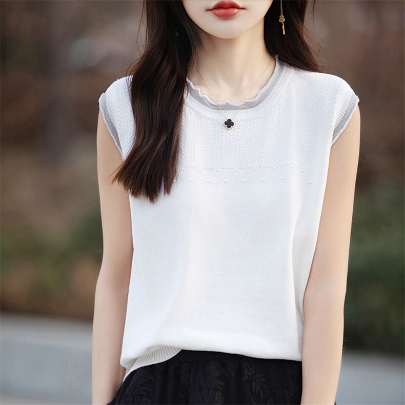 夏季新款圆领精纺羊毛针织短袖女纯色花边袖打底上衣宽松半袖T恤，女装针织衫/毛衣，郡淞羊绒