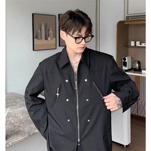 高级感小众结构金属拉链垫肩衬衫痞帅长袖衬衣男韩版宽松开衫外套图片