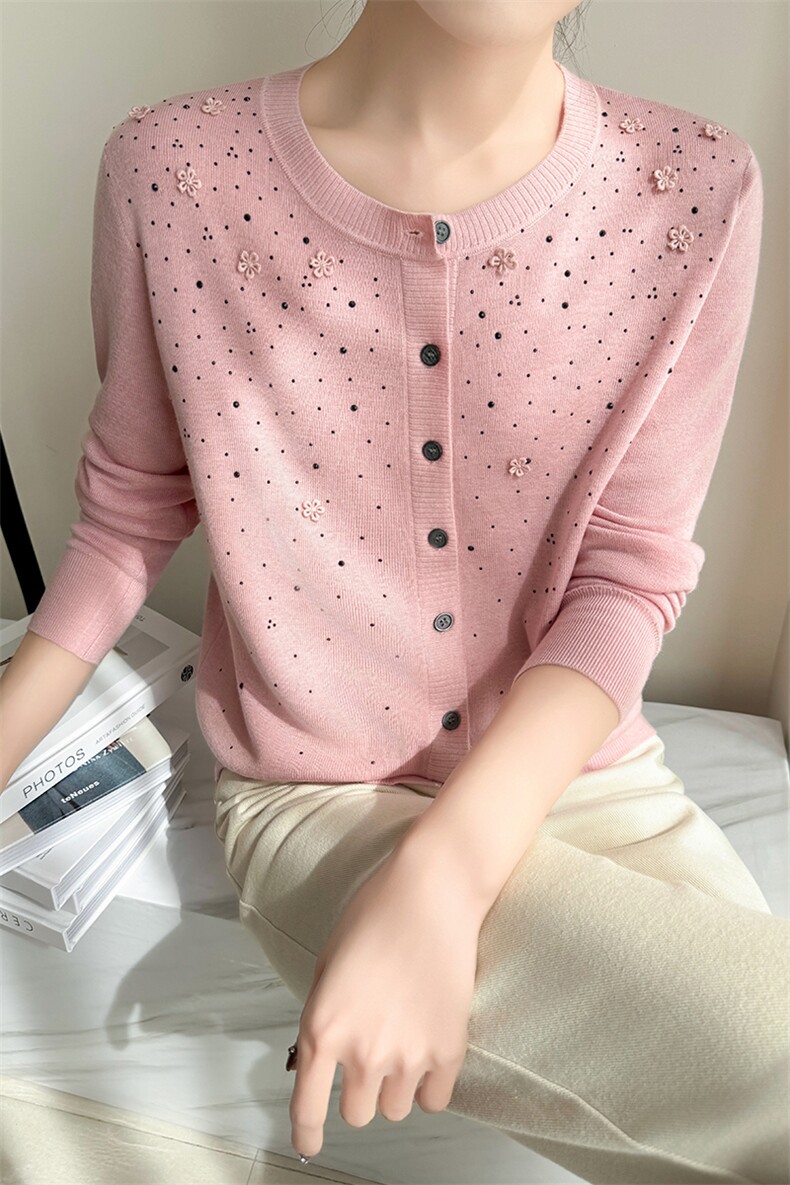 重工绣花精纺羊毛开衫女圆领烫钻针织衫长袖毛衣外套宽松外搭上衣,针织衫/毛衣,暮绒羊羊绒