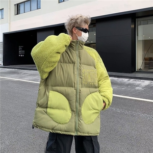 羊羔毛拼接棉服男冬季新款加厚情侣面包服设计感小众棉衣外套图片