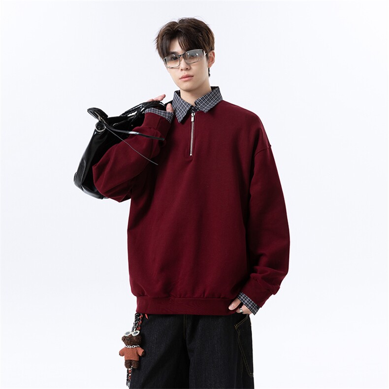 高克重格子条纹拉连V领时尚假两件拼接大码卫衣XZ301AWY2508,男装卫衣,星座301A