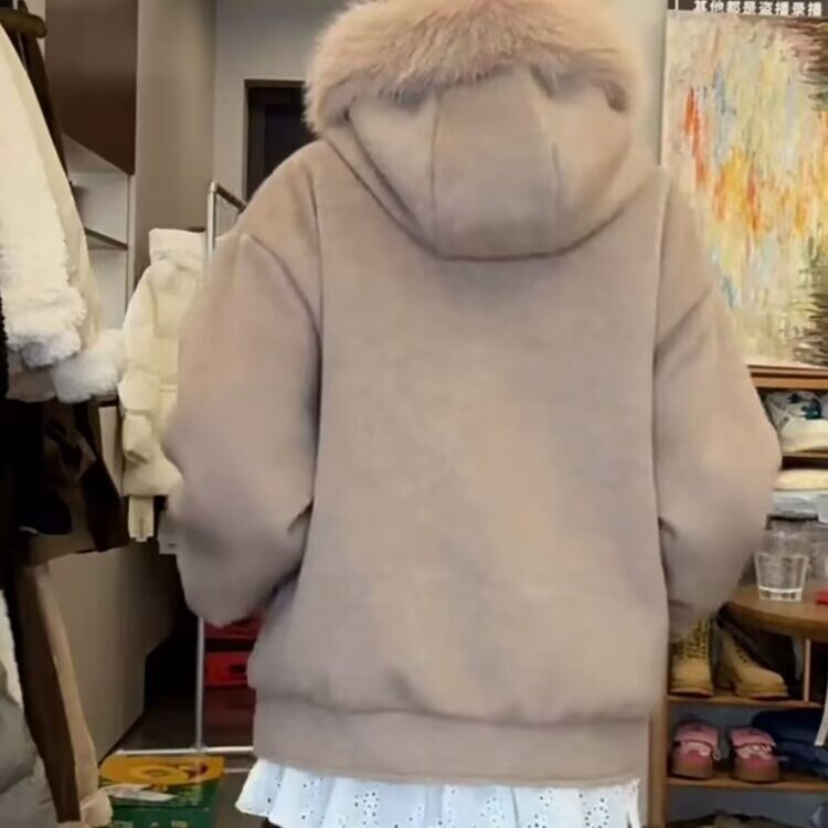 潮牌美式复古毛呢连帽女2025秋冬季宽松百搭拉链情侣高级感外套,女装短外套,星座506A
