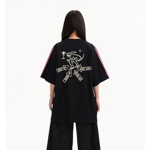 抖音得物高品质二开240克宽松纯棉美式潮牌三条杠织带短袖T恤图片