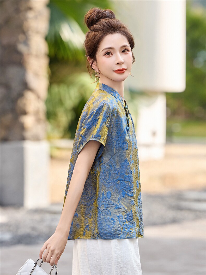 现货中式人丝香云纱织锦双色泛光短袖中古风巨好看两件夏季女套装,女装套装/套裙,木橙西子