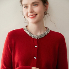 小香风圆领山羊绒针织开衫女秋冬高端镶钻设计感软糯羊毛针织外套，女装羊绒衫，澳煜绒