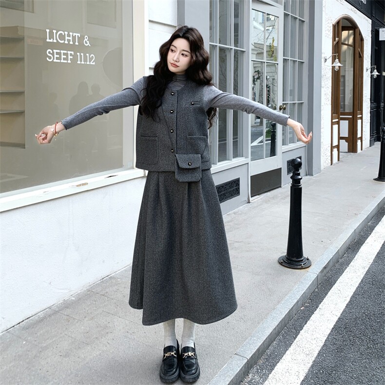 韩系甜美开衫马甲+打底+半身裙三件套套装，女装套装/套裙，茵姿媚