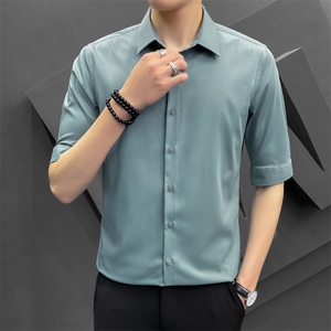 冰丝夏季衬衫男韩版修身潮流五分袖商务高级感白衬衣8315P65控118图片