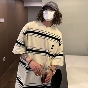 条纹短袖男夏季2025新款宽松t恤男生半袖休闲上衣男士打底衫图片