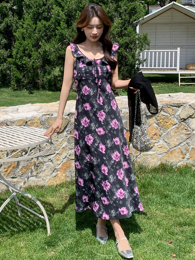 蓝色荷叶领碎花连衣裙女2025夏季新款韩系甜美修身显瘦吊带长裙潮,女装连衣裙,玖莱伊