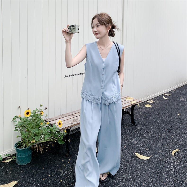 2026夏季新款高级感蕾丝拼接无袖马甲阔腿裤套装女显瘦气质两件套,女装套装/套裙,霓裳依族