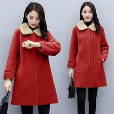 颗粒绒水貂毛领100%羊毛中长款直筒简约时尚皮毛一体外套，女装毛呢外套，媚琳依坊
