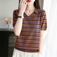 复古条纹翻领纯棉针织薄款T恤女2025夏季短袖宽松打底衫Polo领t恤，女装T恤，秋双羊绒