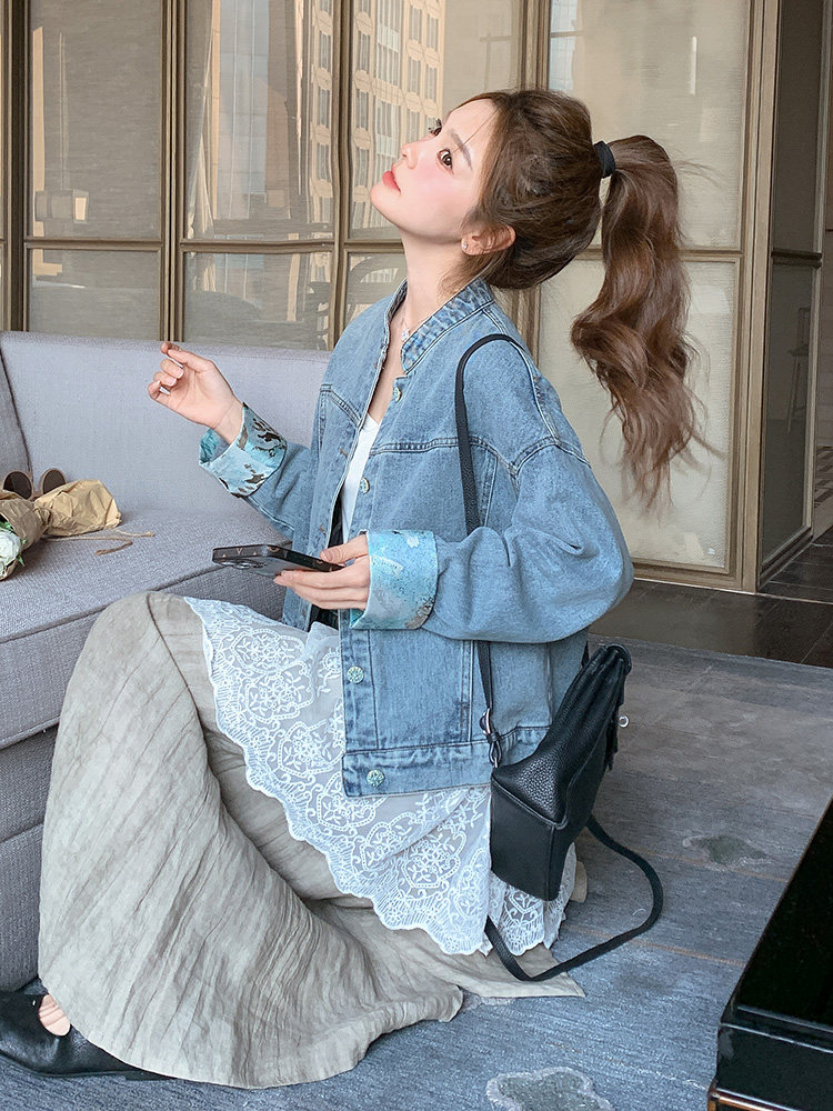 蓝色新中式国风一整套穿搭女2025春季牛仔外套叠穿蕾丝内搭,女装短外套,浙宝192（原082）