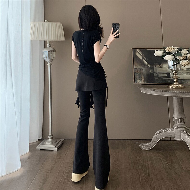 时尚气质减龄套装女夏新款圆领短袖假两件上衣修身显瘦长裤两件套,女装套装/套裙,江南