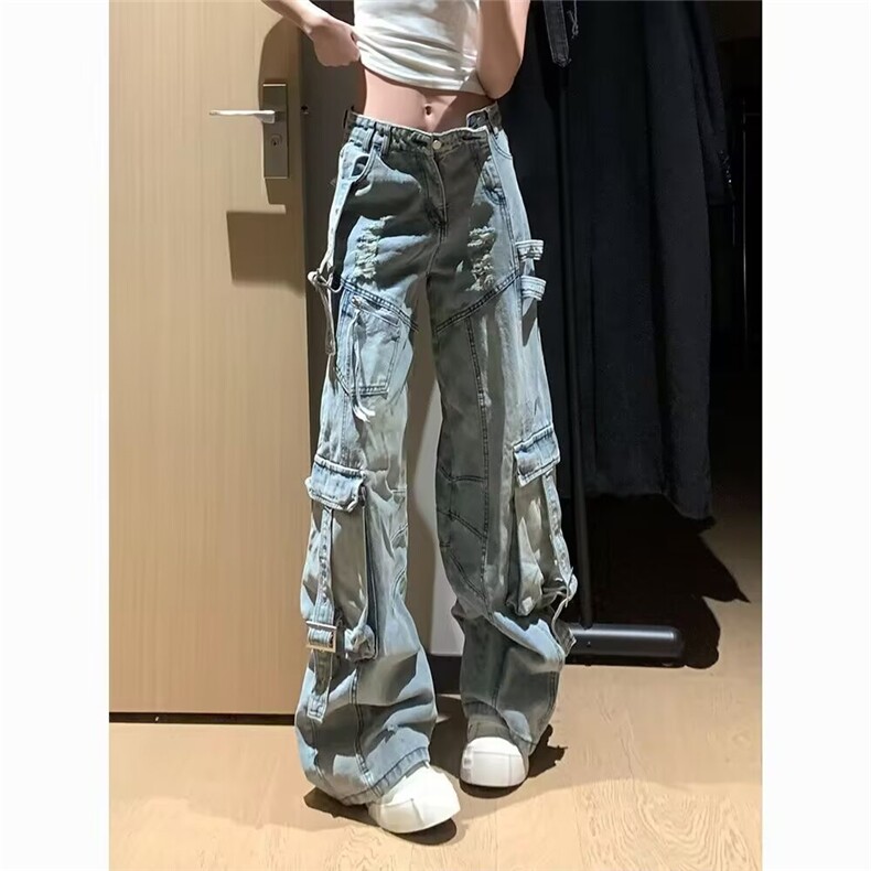 A18-P70大码美式复古飘带工装牛仔裤女2025新款高街破洞宽松,男装T恤,电商B323A