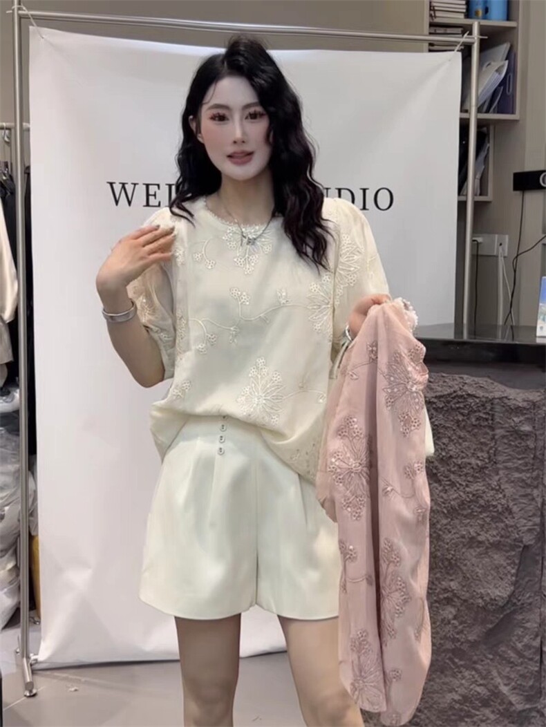 超仙甜美碎花套头衬衫女2025年春夏新款圆领短袖上衣潮,女装衬衫,东正羊绒
