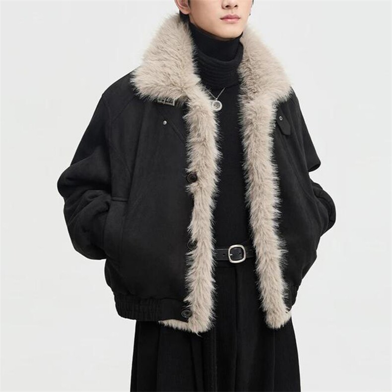 现货重磅硬挺boxy羽绒棉衣座山雕大毛毛领洗水麂皮棉服冬外套，男装棉衣，电商A443