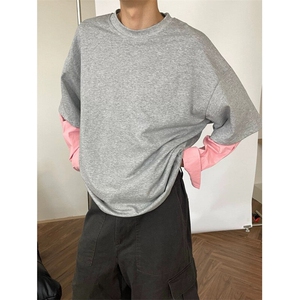 【现货】DT6688-P60纯棉假两件T恤拼接袖子男女宽松春秋卫衣潮图片