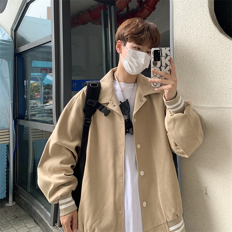百搭潮牌棒球服复古翻领宽松纯色夹克外套JK702-常规P105加棉P115,男装夹克,电商B289