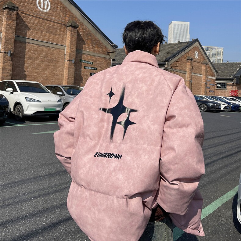 港风立领PU皮复古做旧印花字母图案设计棉衣男MY77719P130控178,男装棉衣,星座227-7