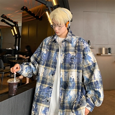 2025秋款加厚泼墨扎染时尚格子男士长袖衬衫休闲衬衣CS908-特P48，男装衬衫，电商A006