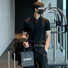 韩系条纹翻领针织冰丝短袖体恤半截袖POLO衫PL92/P48，男装Polo衫，电商A243