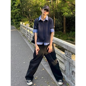 得物抖音高品质二开 夏季美式潮牌高街假两件格子衬衣翻领短袖T恤图片